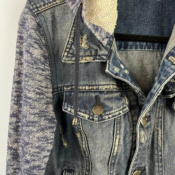 Free People Mixed Media Distressed Cropped Hooded Denim Knit Jean Jacket Size S - Picture 8 of 12